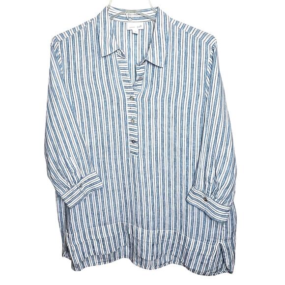 J. Jill Women Medium Blue White Striped Nautical Linen Relaxed Fit Tunic Top - Picture 2 of 6